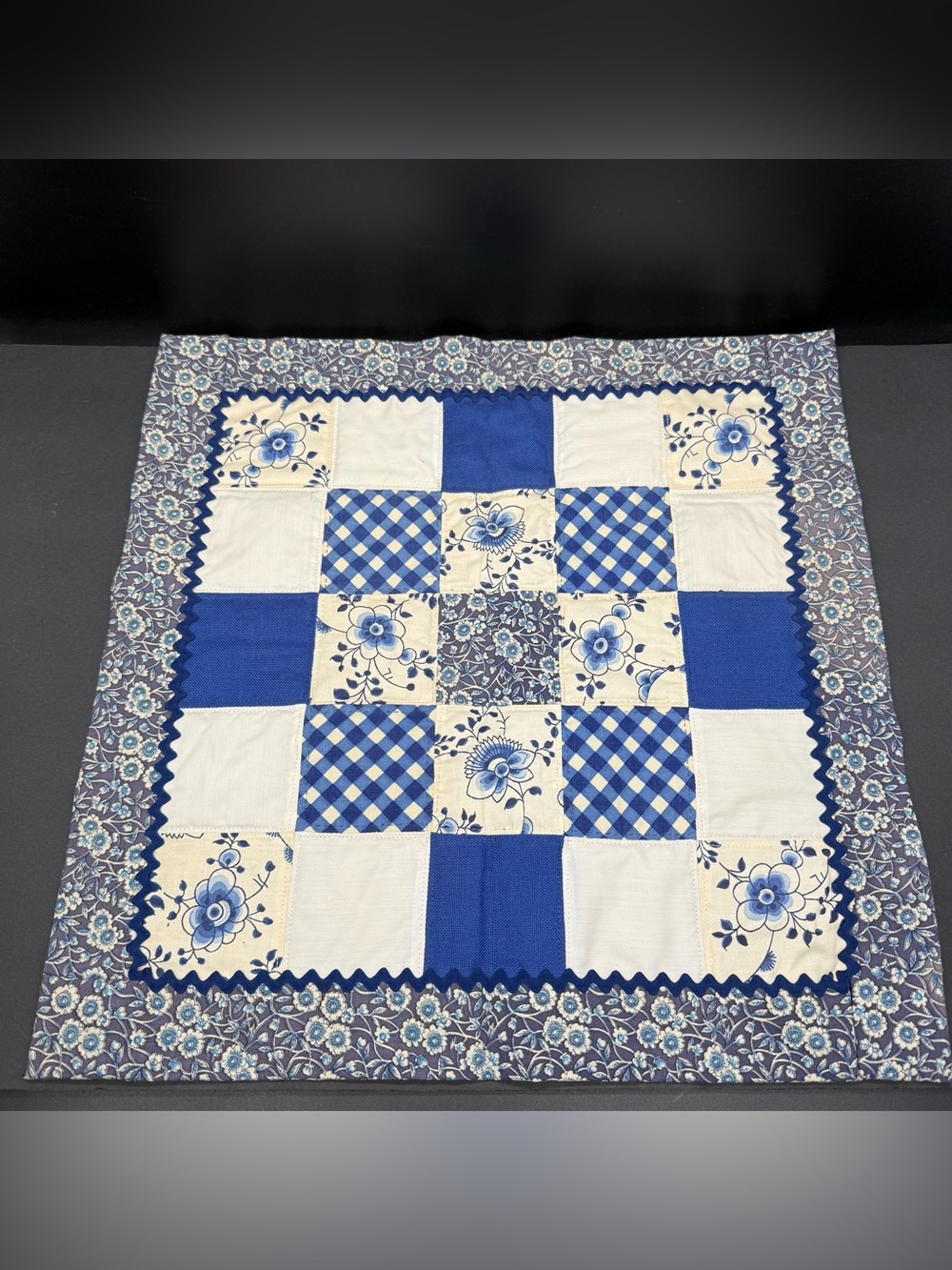 Blue & White Patchwork Table Topper - Floral Gingham Design Quilt Vintage 20x20